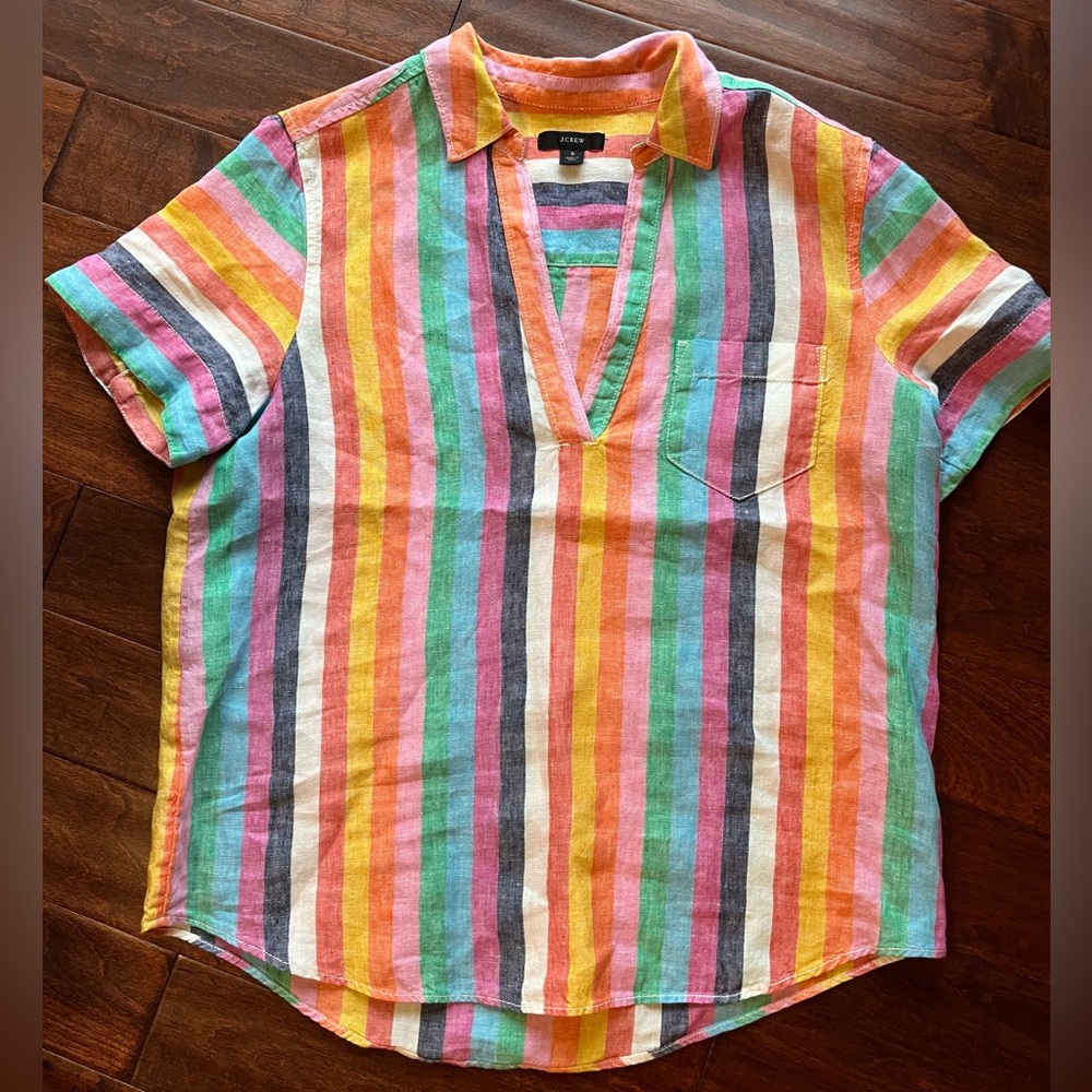 J. Crew linen short sleeve top in rainbow stripe